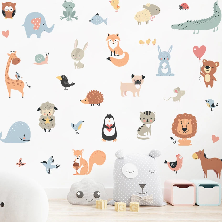 sticker mural animal dessin animé éléphant girafe léopard décoration enfant chambre boho