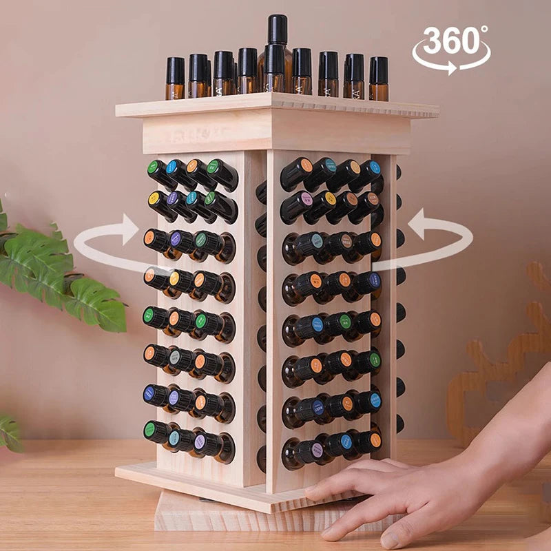 rangement tournant bouteilles huiles essentielles bois brut minimaliste 360 degrés 125 compartiments
