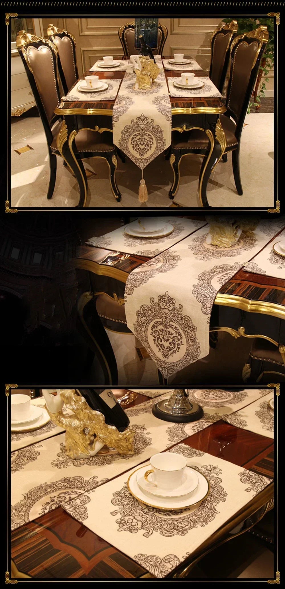 chemin table brodé beige ornements baroques élégant coton polyester maison decoration table française classique