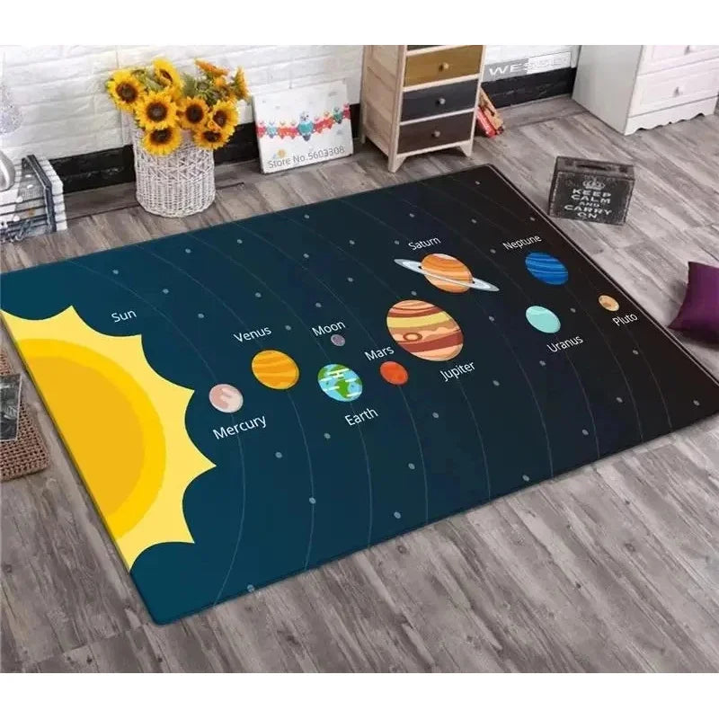 tapis moderne systèmes solaires planètes bleu foncé jaune orange gris chambre salon