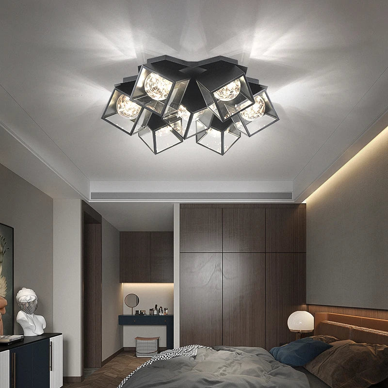 lampe suspendue moderne cubiques géométriques noir blanc chaînes interrupteur tactile chambre salon