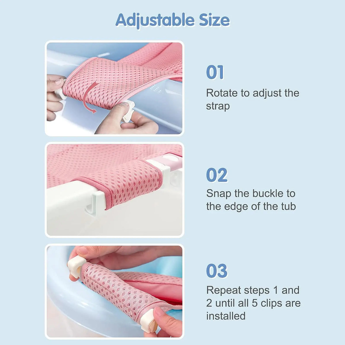 siège bain bébé bleu rose maille fine clips ajustable flottant baignoire sécurité moderne pratique