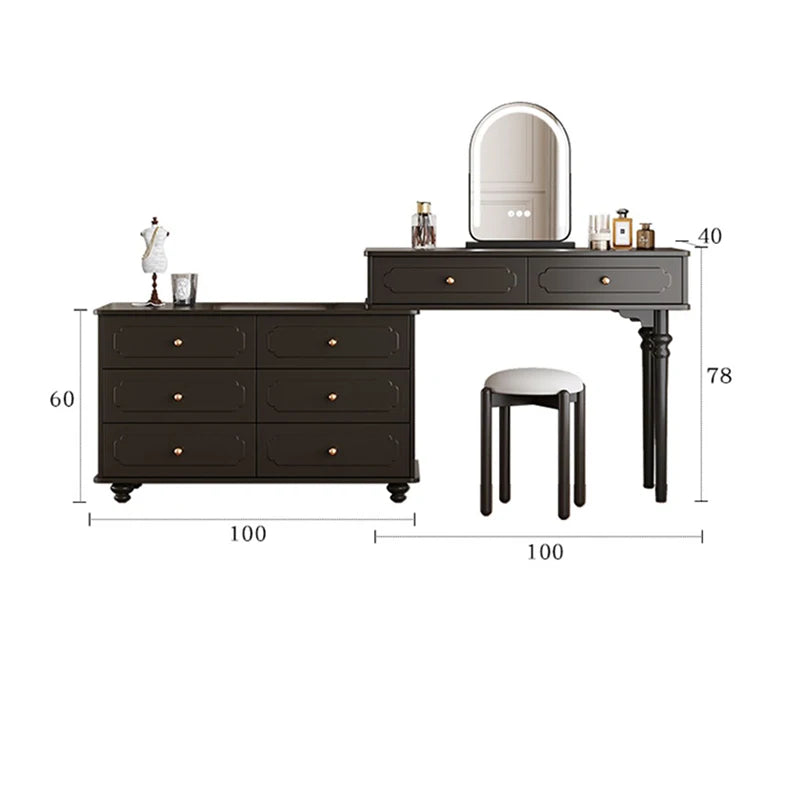 meuble rangement noir miroir tiroirs dorés plateau lisse classique chambre coucher