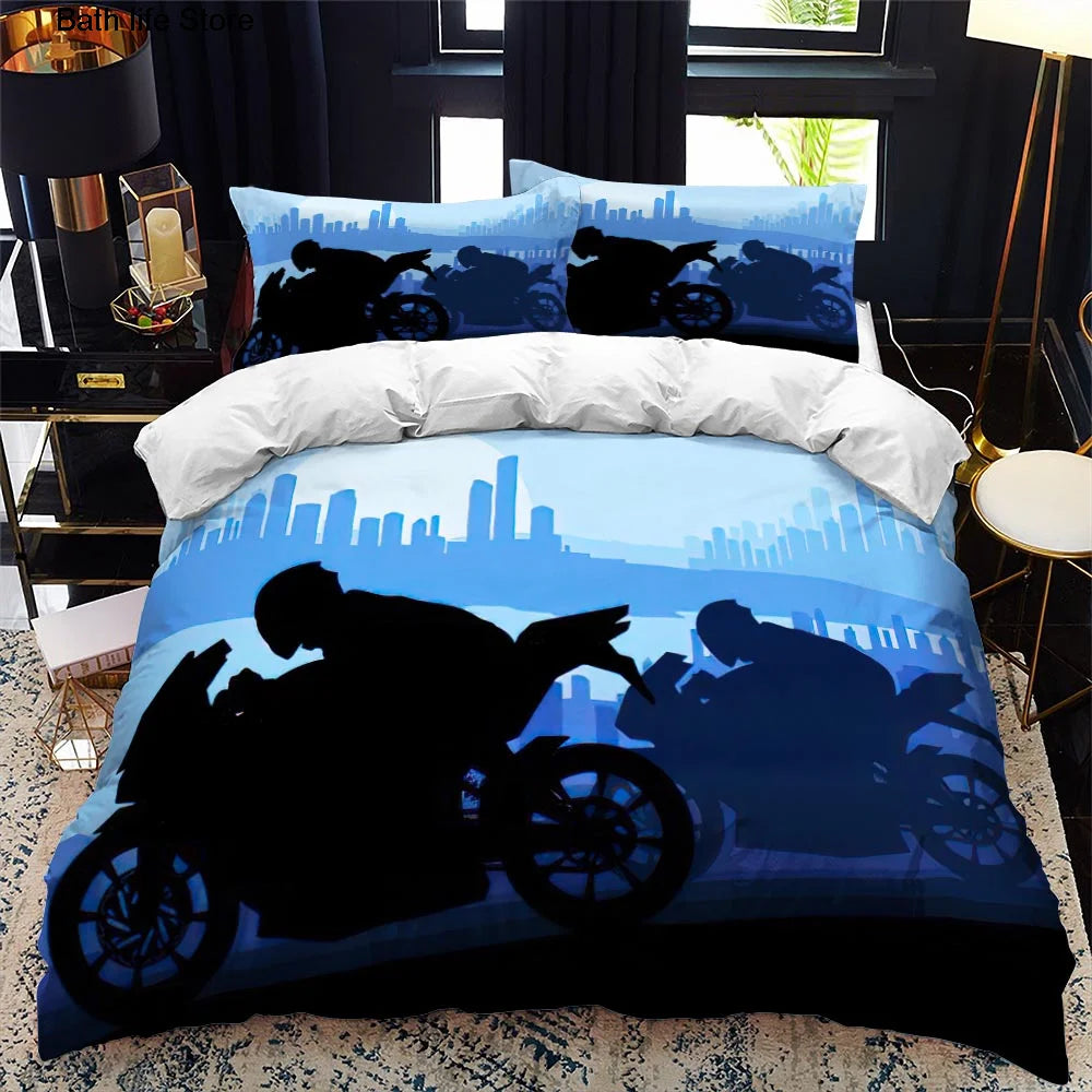 Housse de couette moto dépliée montrant le design complet
