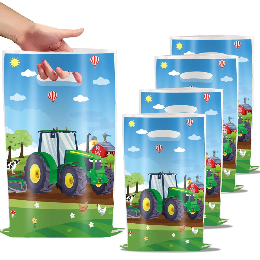 sac cadeau anniversaire paysage rural tracteur ferme animaux ballons illustration cartoon poignées blanches