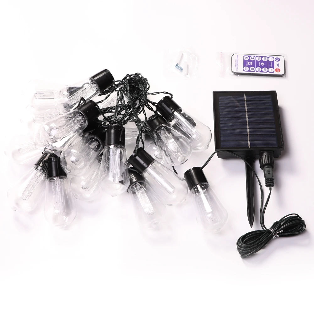 guirlande lumineuse solaire led ampoules edison vintage clips métalliques noir transparent