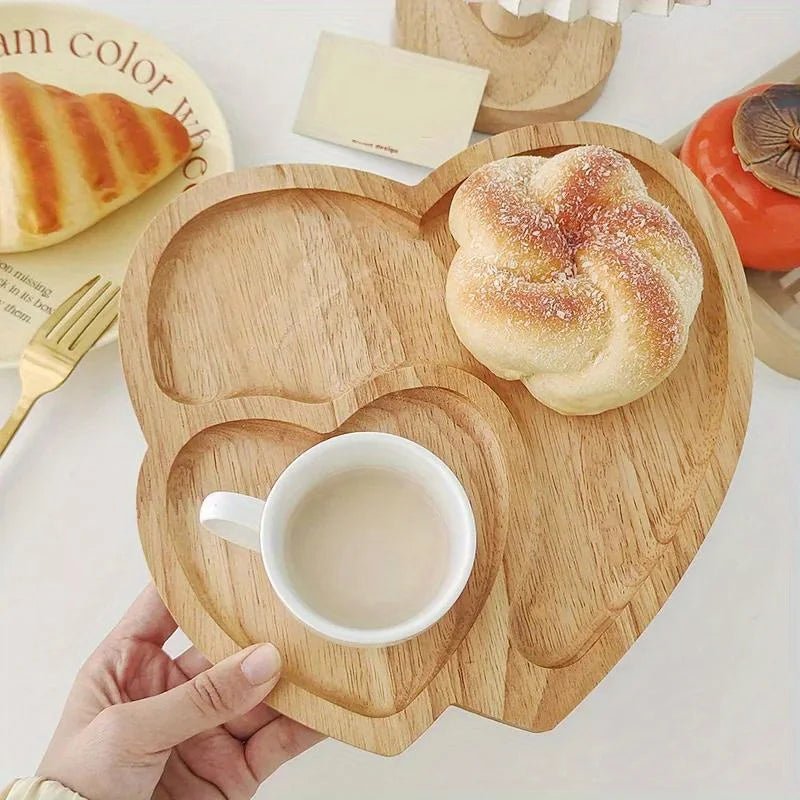 assiette bois naturel double coeur moderne minimaliste servir desserts collations