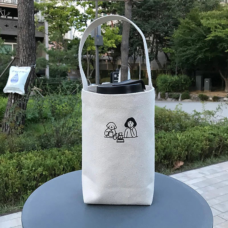 sac isotherme bouteille tasse beige motif femme chien illustration minimaliste toile décontracté portage
