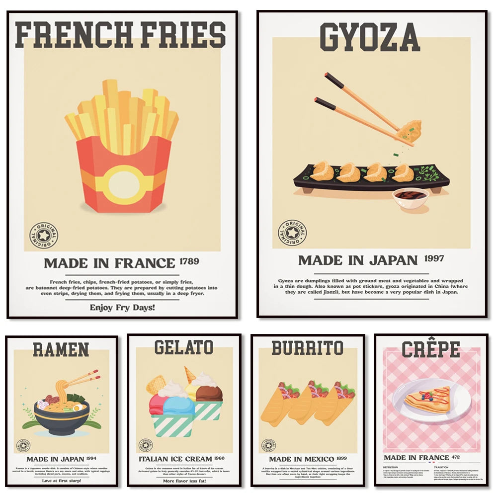 Une série d'affiches présentant diverses spécialités culinaires du monde, y compris les frites françaises, les gyozas japonaises, le ramen japonais, la glace italienne, le burrito mexicain et la crêpe française.