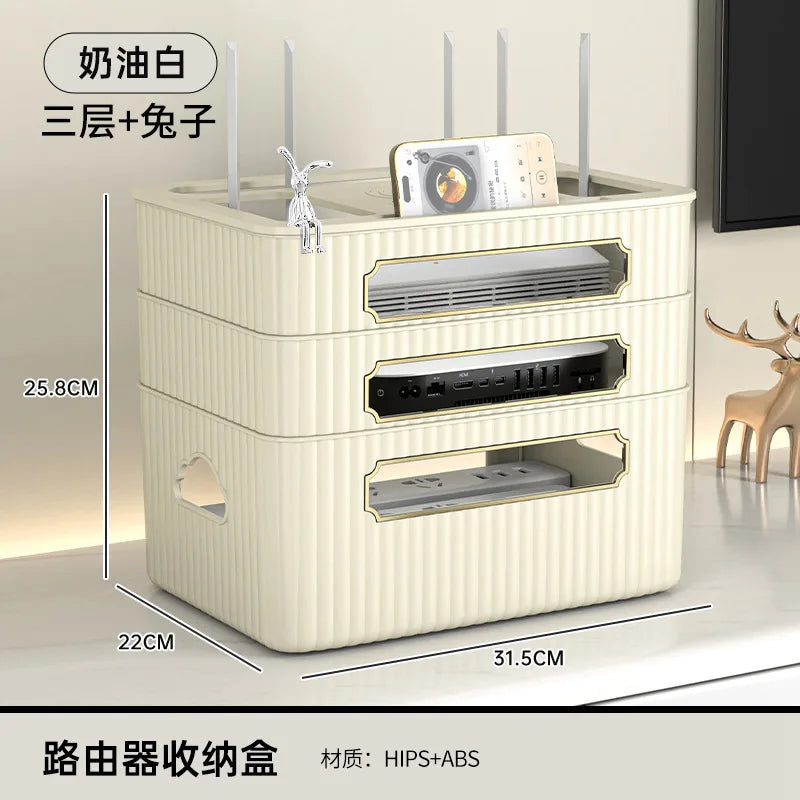 boîte rangement routeur décodeur tv gestion câbles organisateur moderne vert beige épuré