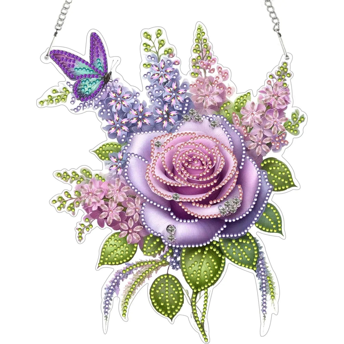 décoration murale artisanale peinture diamant motif floral violet blanc doré vert rose