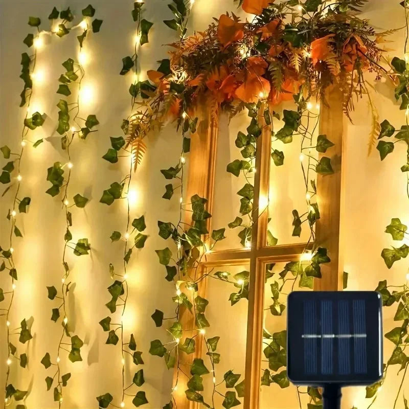 guirlande lumineuse solaire feuilles vertes lumières blanches moderne adhésif panneau solaire décoration extérieure noël