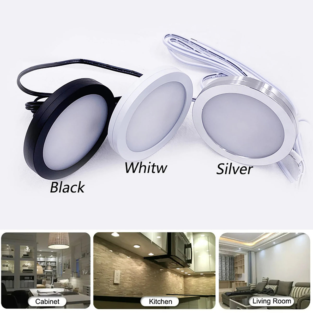 plaque lumière led noir blanc argent 3w 12v 24v adhésif moderne minimaliste 8mm 60mm
