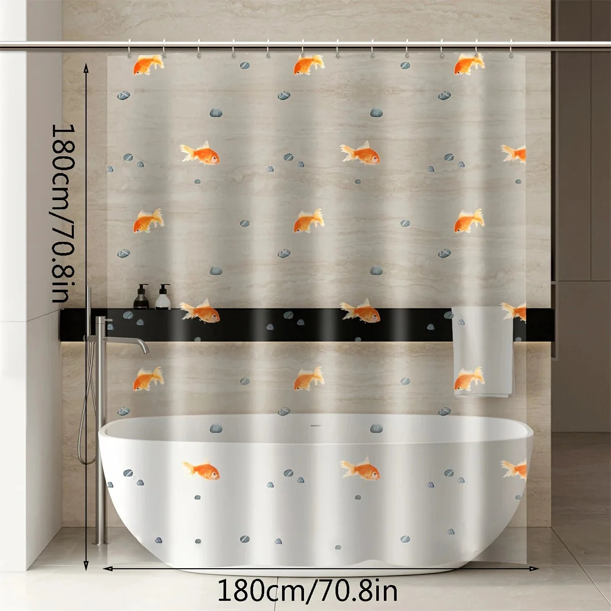 rideau douche transparent moderne poissons dorés coquillages bulles d'eau beige clair orange vert gris