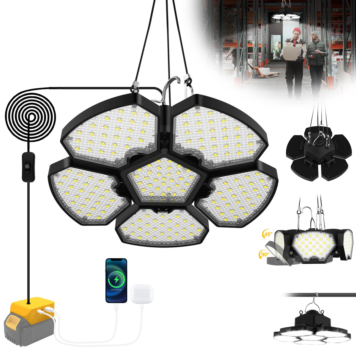lampe travail pliable led rechargeable batterie lithium 18v 20v indicateur charge crochets moderne noire