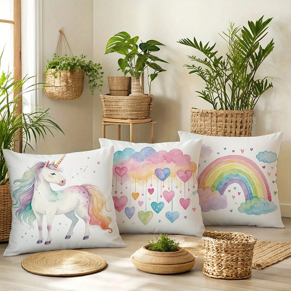 taies d'oreiller arc ciel licorne coeurs pastel enfant decoration maison lit polyester peachskin motifs