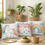 taies d'oreiller arc ciel licorne coeurs pastel enfant decoration maison lit polyester peachskin motifs
