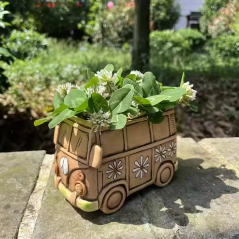 pot fleurs forme volkswagen combi motif marguerites paix vintage hippie rétro marron clair blanc