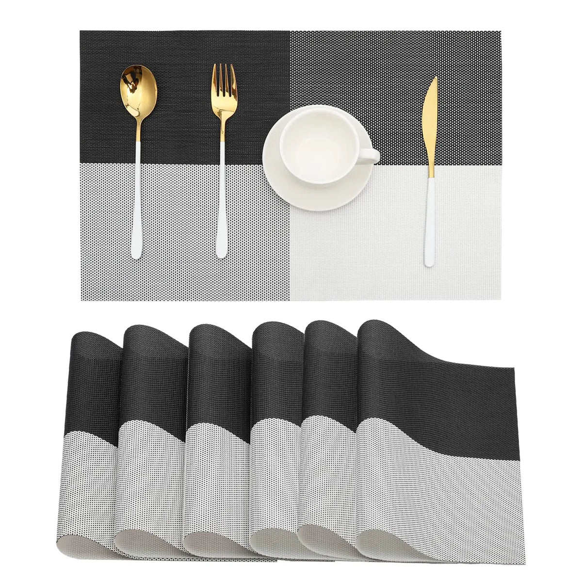 tapis table noir blanc rayures moderne cuisine décoration assiettes vaisselle