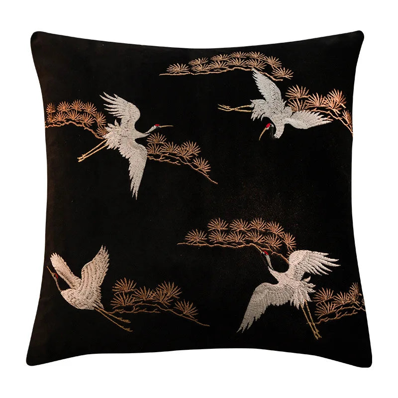 housse coussin noir oiseaux dorés traditionnel brodé opacité polyester coton 45x45cm 50x50cm