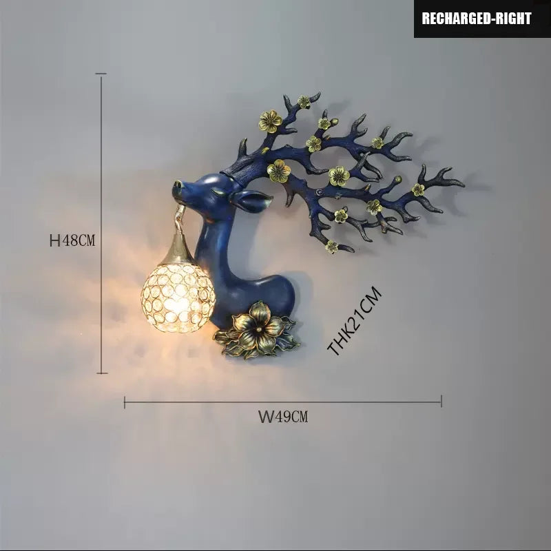 lampe murale moderne branches fleurs strass tête cerf blanc doré bleuclair
