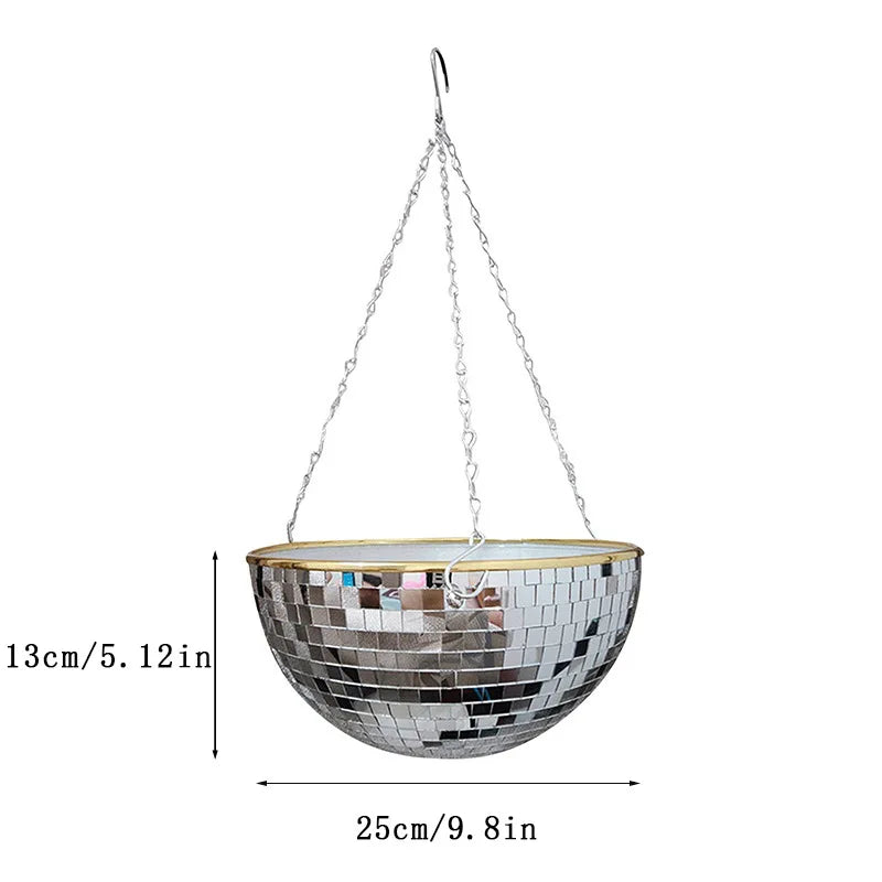 cache pot suspendu miroir moderne mosaïque petits miroirs chaînes argentées plante verte intérieur extérieur