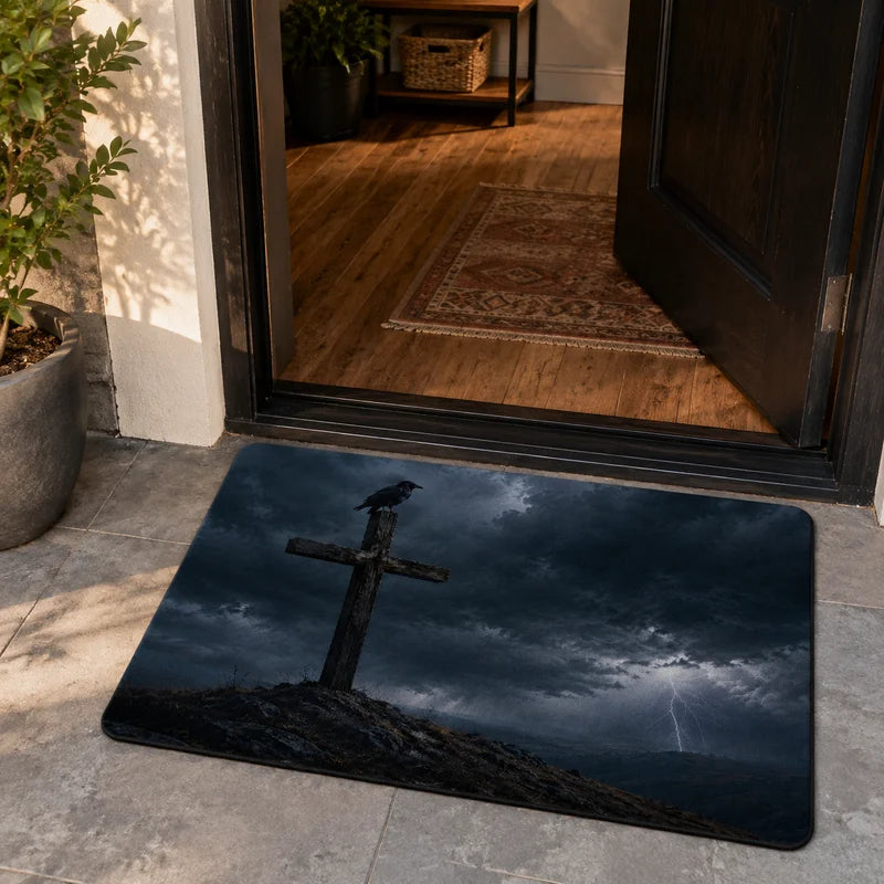 tapis d'entrée gothique croix corbeau noir violet rouge vert anti dérapant polyester résistant