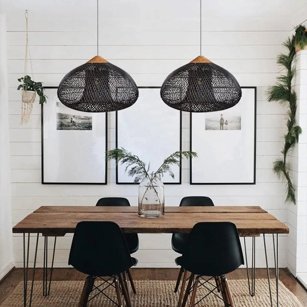 suspension lumineuse rattan tressé noir moderne rustique crochets câble électrique 60 80 cm