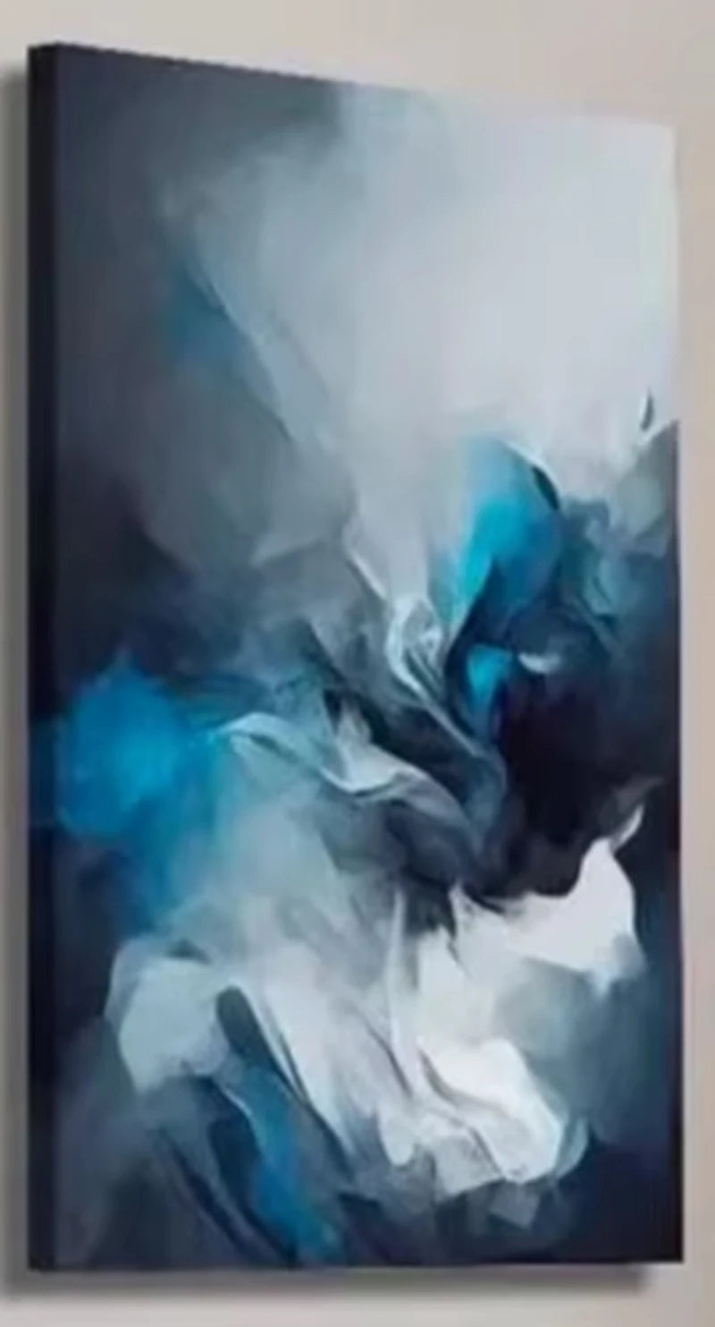 toile d'art abstrait contemporain gris bleu blanc fluides ondulations clips rectangle vertical set