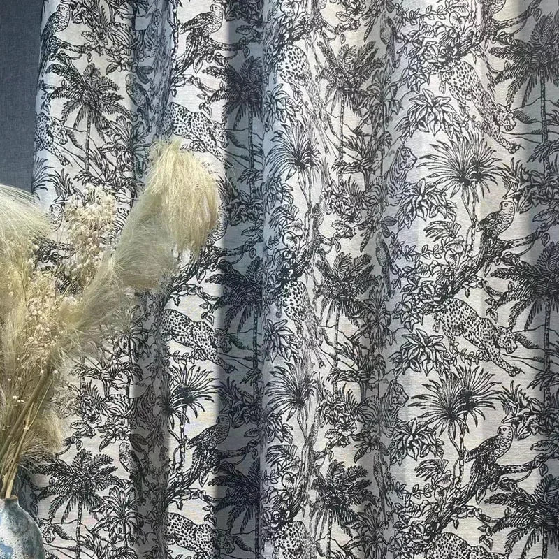 rideau classique blanc noir motif oiseaux végétal translucide pompons fenêtre salon maison
