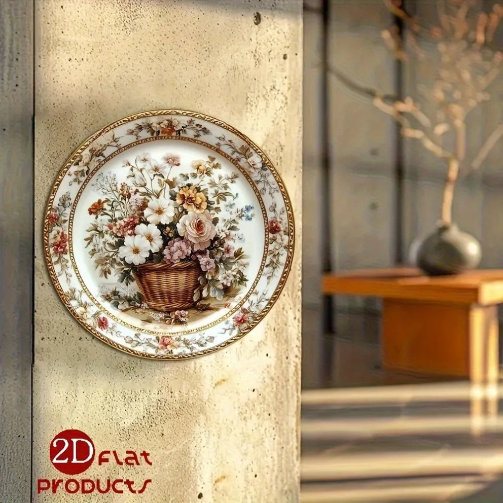 assiette décorative aluminium blanc doré marron rose beige vert fleurs panier bordure dorée classique