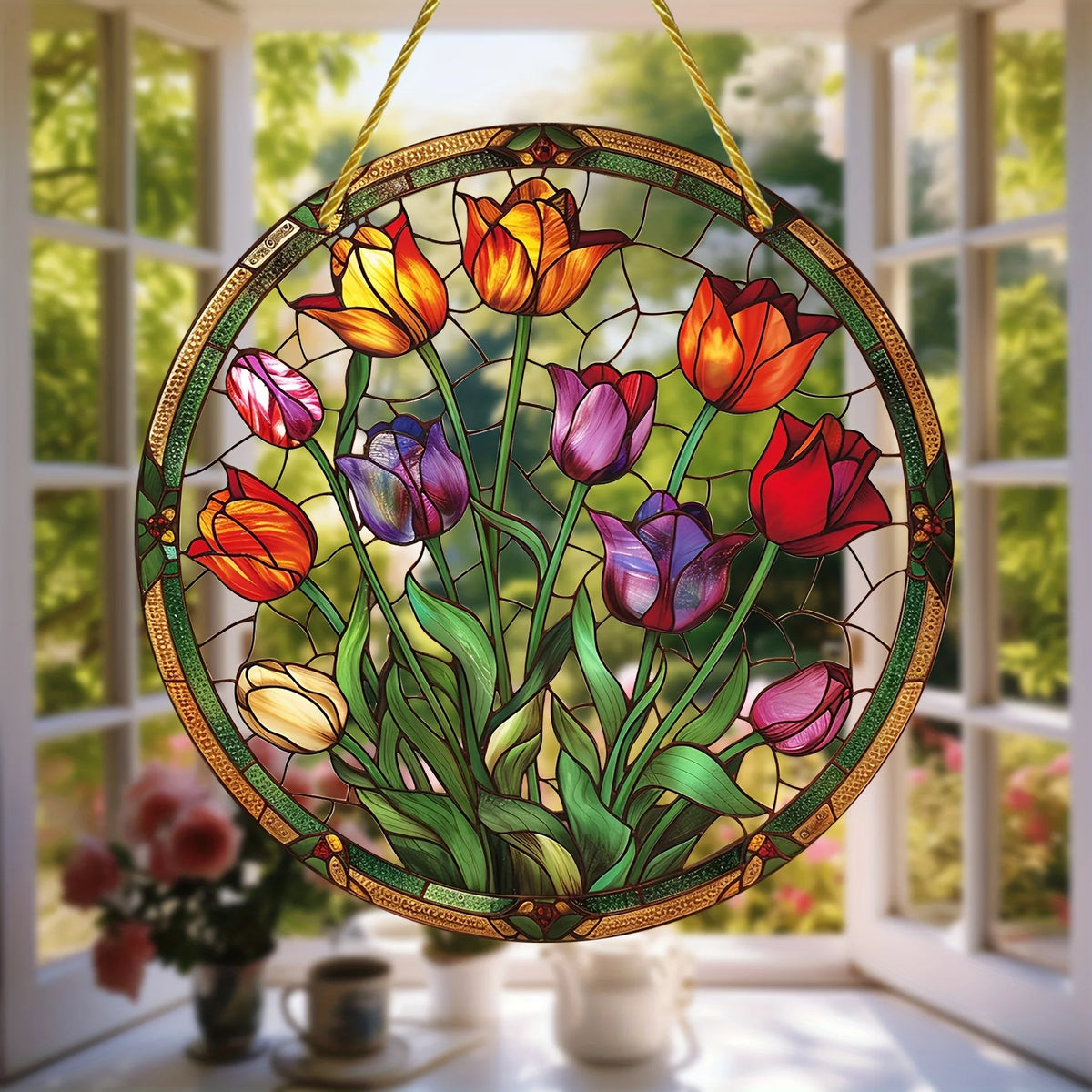 vitrail tiffany tulipes multicolore mural acrylique opaque décoration chambre anniversaire