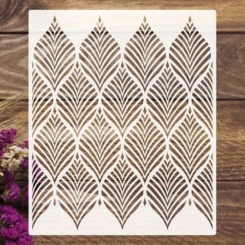 feuilles stylisées stencil blanc brun art deco peinture murale projet artisanal texture opaqueduocircle