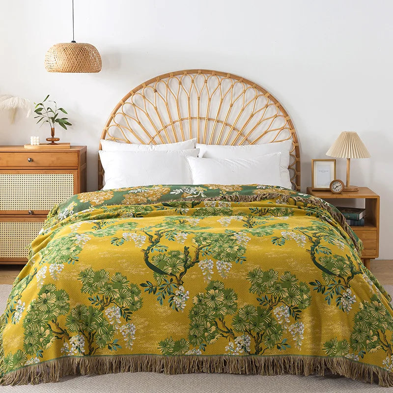 couverture coton motif floral verte jaune vintage franges dorées 48x74cm 150x200cm