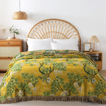 couverture coton motif floral verte jaune vintage franges dorées 48x74cm 150x200cm
