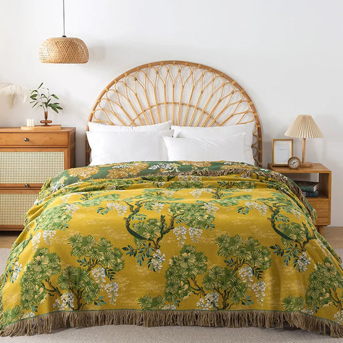 couverture coton motif floral verte jaune vintage franges dorées 48x74cm 150x200cm