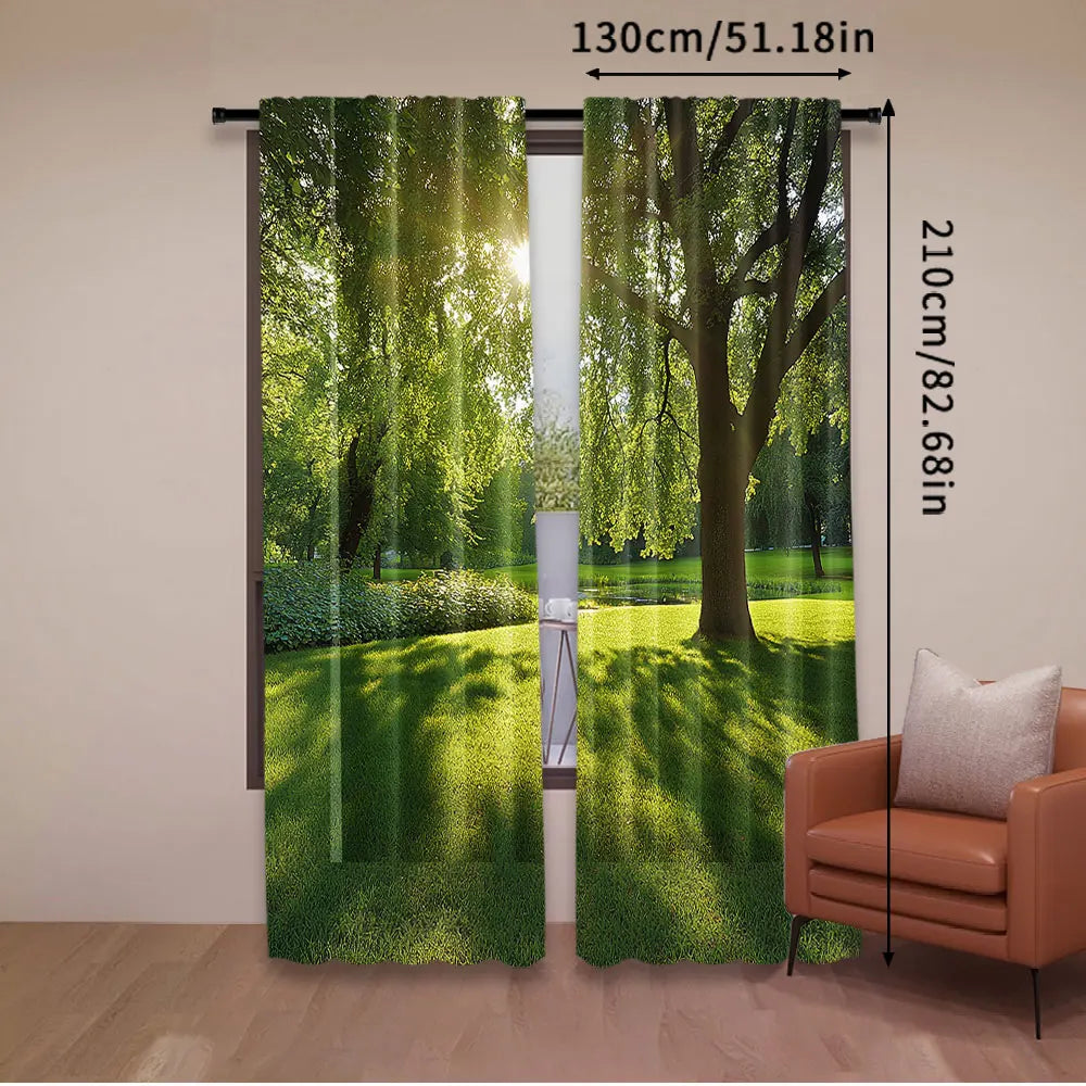 rideau vert paysager polyester extérieur deux panneaux arbres lumière naturel décoratif plissé vertical