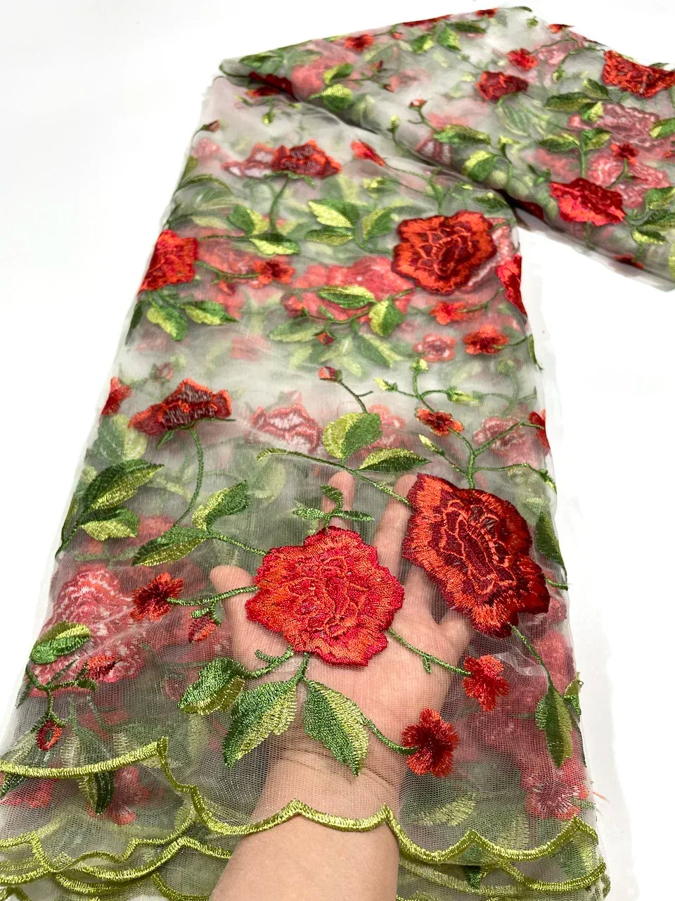 tissu africain dentelle verte brodée floral transparent élégant robe haute qualité yards