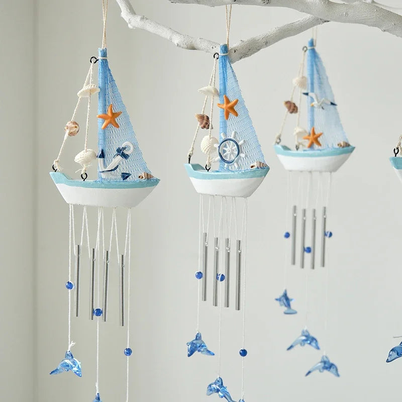 mobiles decoratifs bois motifs marins bleu blanc orange coquillages etoiles mer bouee suspendus