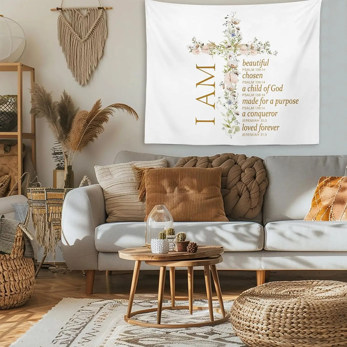 tapisserie murale boho chic versets religieux fleurs feuilles blanc doré roseclair bleuclair beige