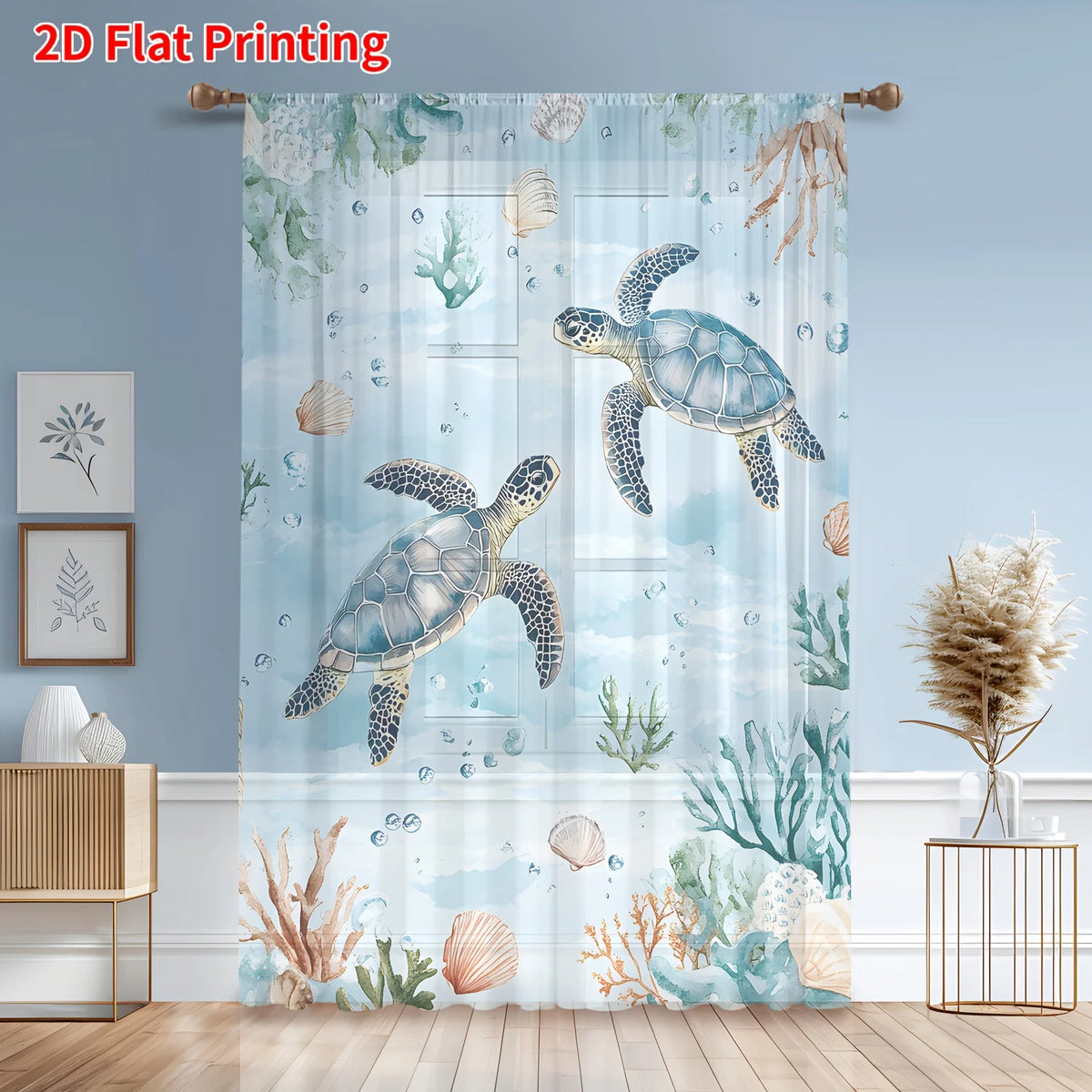rideau transparent imprimé tortues marines coraux bleu clair vert marron tropical décoration chambre salon