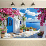 décoration murale paysage grec bleu blanc rose vue mer porte extérieure mariage anniversaire événements
