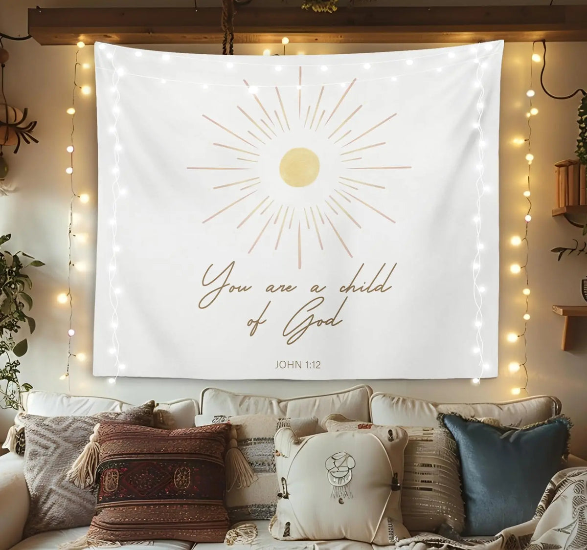 tapisserie murale boho chic versets religieux fleurs feuilles blanc doré roseclair bleuclair beige