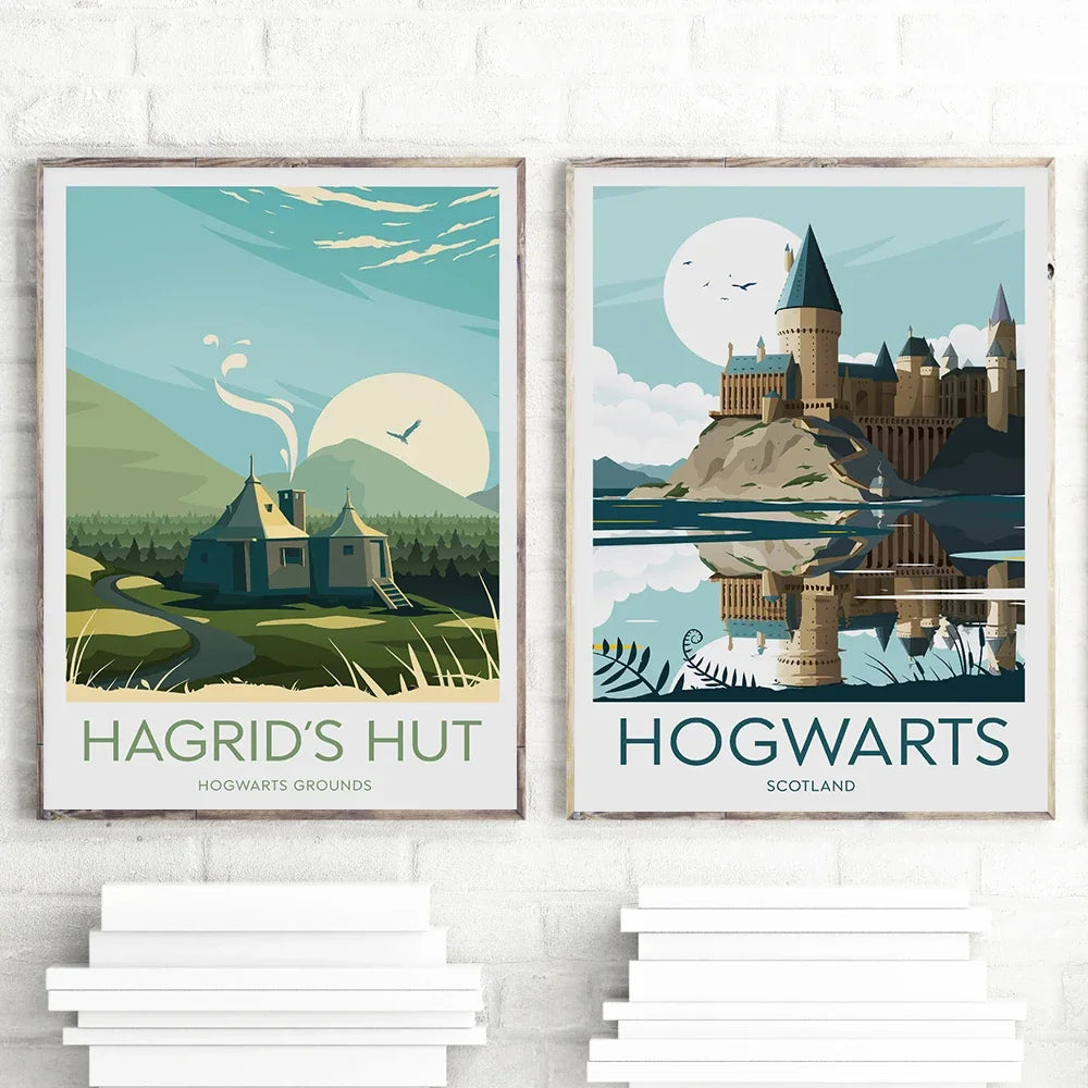 affiche murale cadre bois château fantastique paysage vintage décoration salon chambre toile bleu