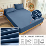 drap housse matelas soie glacée respirant frais été doux coton uni bleu gris moderne