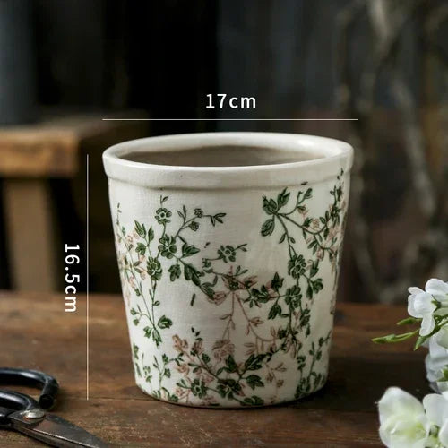 pots fleurs céramique porcelaine rustique vintage beige vert blanc floral