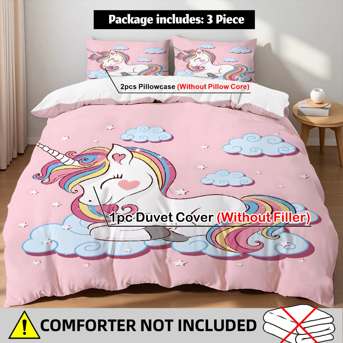 housse couette licorne nuages étoiles rose blanc enfant taies d'oreiller polyester motifs fantaisie chambre