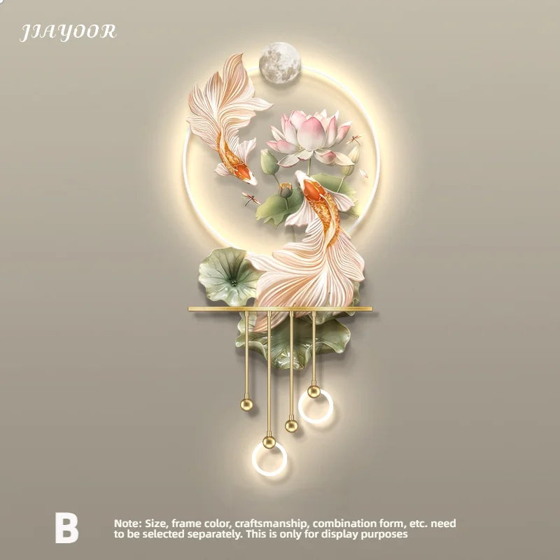 décoration murale moderne poissons floral feuilles lumineuse led beige rose verte doré