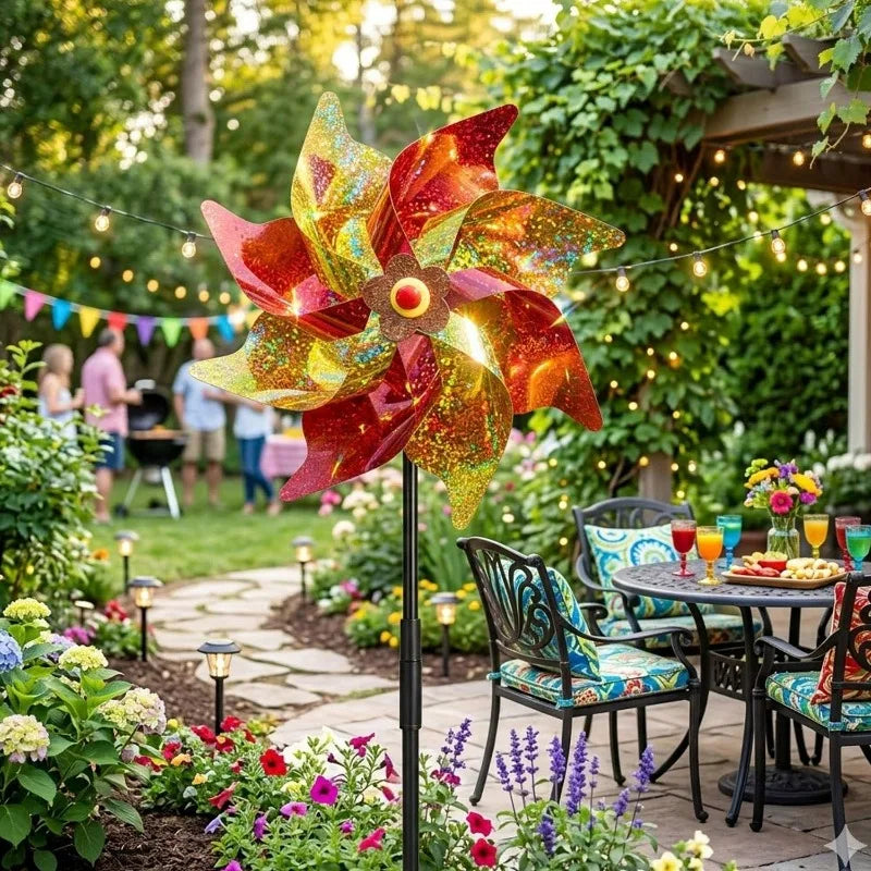 décoration jardin moulin vent rouge jaune vert pailleté moderne effarer oiseaux