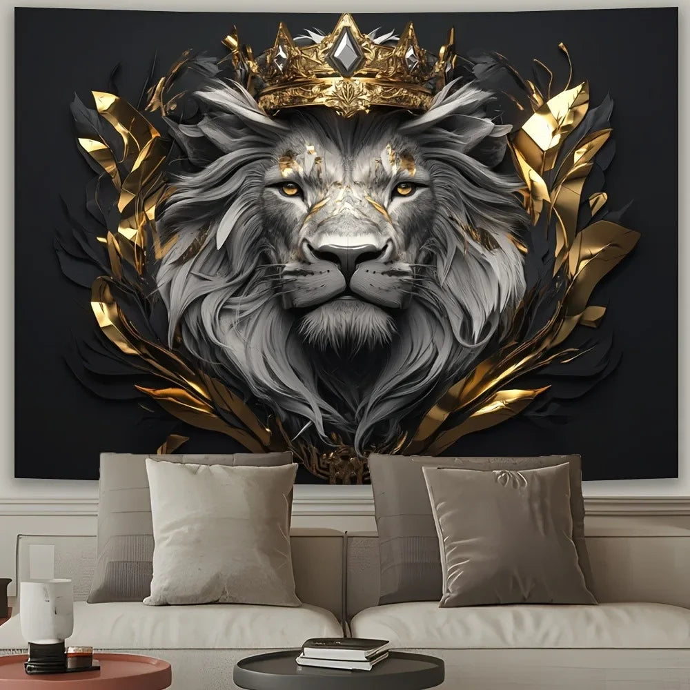 toile d'art portrait lion royal couronne feuilles dorées gris noir élégante décorative chambre salon